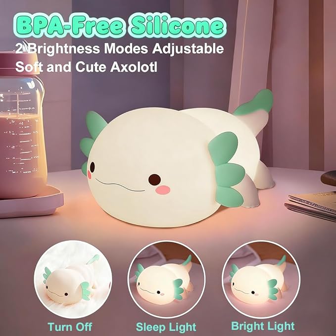 Cute Axolotl Night Light for Kids Bedroom, Animal Silicone Nursery Night Lamp Touch Control Nightlights USB Rechargeable Bedside Lamp for Baby Children Toddlers Girls Gift (Green Axolotl)