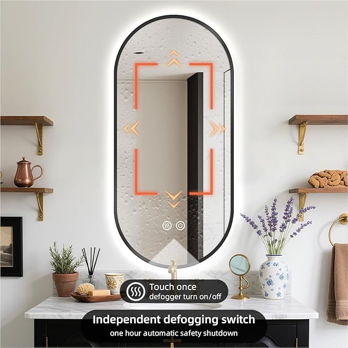 24" x 36" Black Oval LED Bathroom Mirror with Lights, Backlit Mirror, Anti-Fog, 2700K/4000K/6500K, Stepless Dimmable, Wall Mounted Vanity Mirror with Black Aluminum Frame, CRI≥93