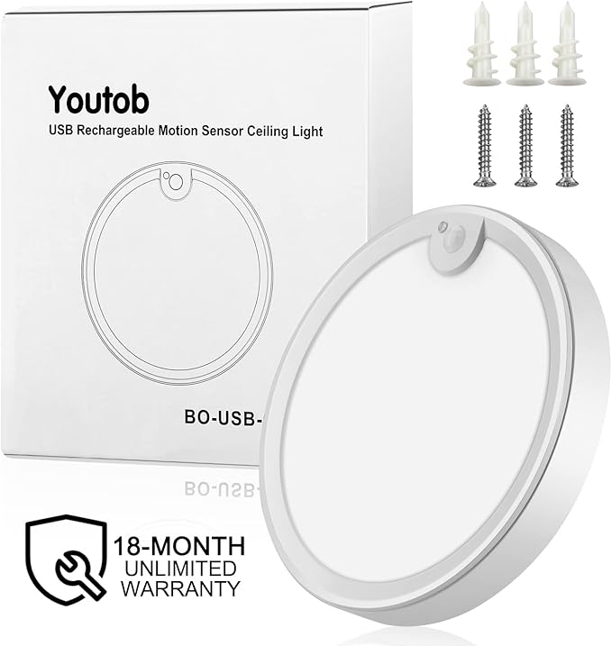 Youtob Rechargeable Motion Sensor Ceiling Light - USB Powered, 6500K Bright White, Auto-On LED Closet Lighting for Stairs, Porch, Hallway, Pantry with Long-Lasting Battery Life and Easy Installation