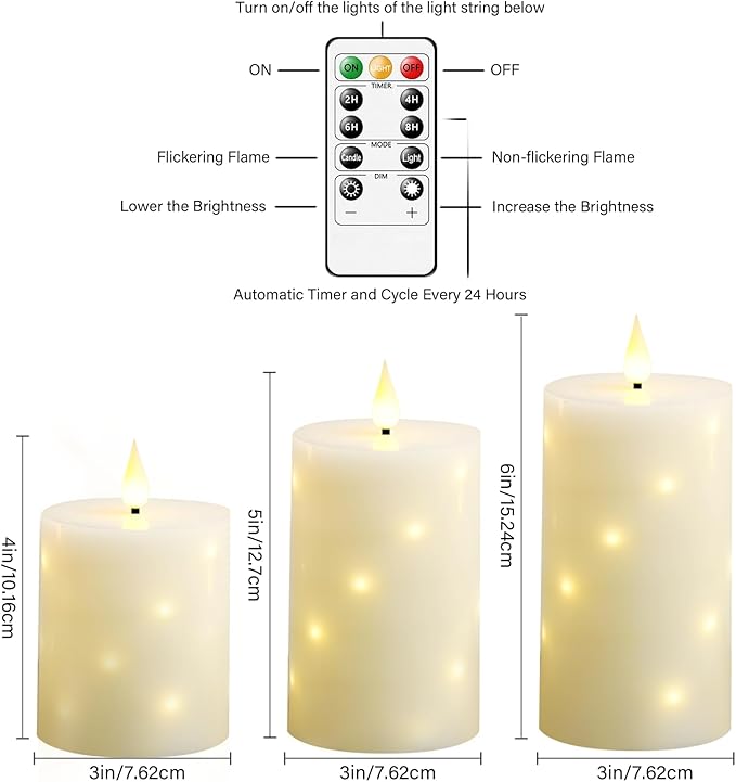 Flameless Candles with Embedded Star String, Real Wax Battery Operated Candles with Remote Timer, Flickering Pillar LED Candle Set for Home Decor Romantic Ambiance （Ivory）