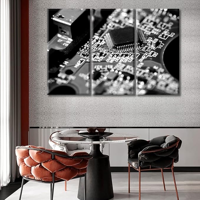 TUMOVO Computer Processors CPU Canvas Wall Art Circuit Board Artwork Pictures Home Decor 3 Pieces Motherboard Digital Chip Bedroom Posters and Prints Framed Ready to Hang (42" Wx28 H)
