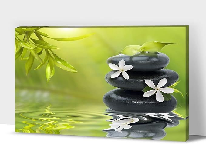 GUTTATY Zen Wall Art Decor, Modern Bathroom Zen Decor Wall Art, Canvas Wall Art for SPA Zen Room Decor, Green Bamboo Leaves and Pebble Relaxing Zen Art Prints for Office & SPA Wall Decor 28x40 Inches