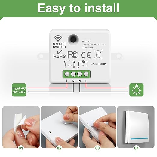 RGBZONE Wireless Light Switch and Receiver Kit, 100FT RF Range Remote Control, No Rewiring, AC85-240V Quick Create or Relocate On/Off Switches for Lamps (White)