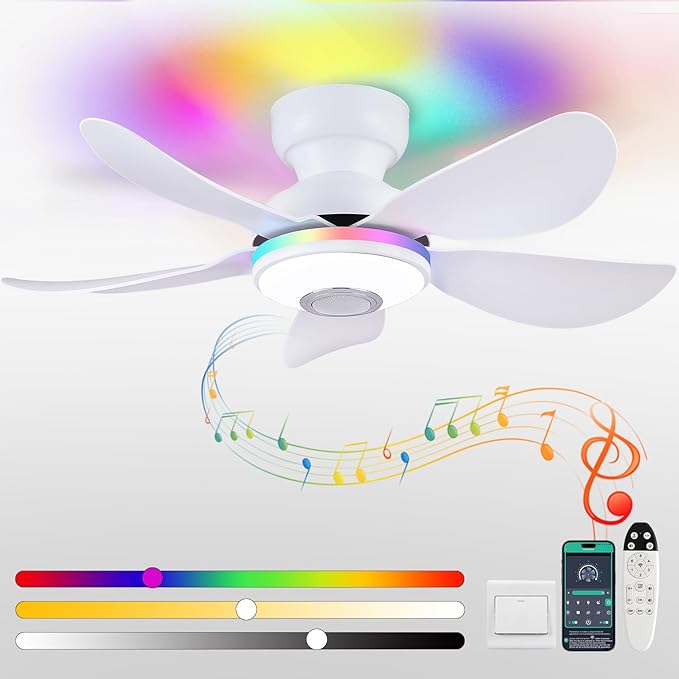 36 Inch White Ceiling Fan with Light, 5 Blades Flush Mount Fan with RGB & 3 CCT Dimmable Light, APP & Remote Control, Built-in Speaker, Reversible, 6 Speeds for Bedroom Living Room