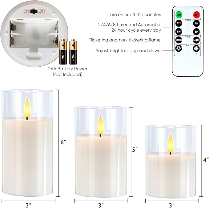 5plots Flameless Battery Operated Candles Set of 3, White LED Candles with Remote Timer, Real Wax Glass Pillar Candles Warm Flickering Light for Indoor Home, Halloween, Christmas Decor D3 x H4 5" 6"