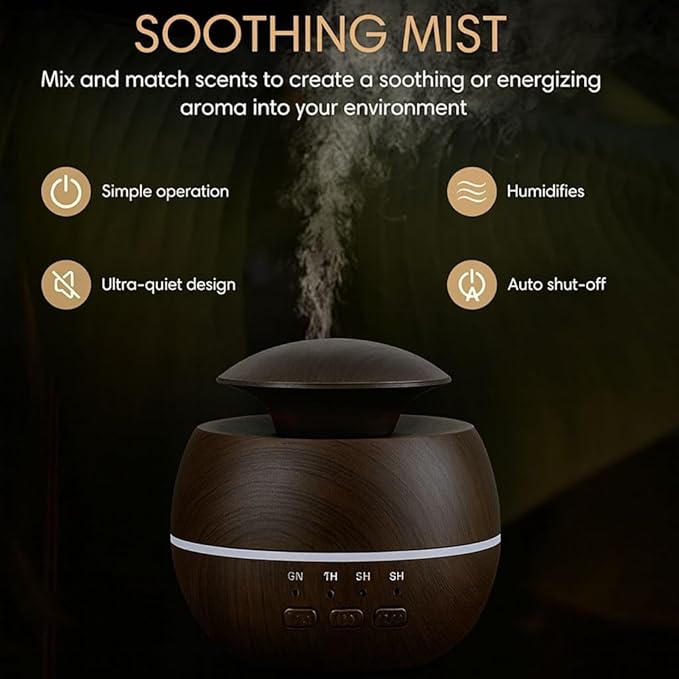 2-in-1 Air Humidifier & Aroma Diffuser Home Fragrance Room Decor Essential Oil Diffuser Humidifiers for Bedroom LED Light Color Changing Car Air Freshener (Dark Wood-1)