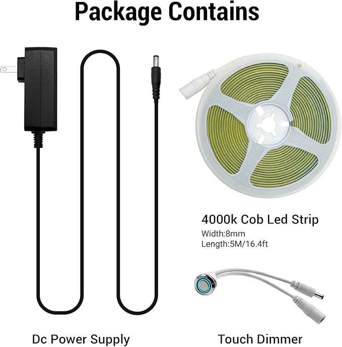 HAMRVL Natural White COB LED Strip Lights,16.4ft 4000K DC12V Dimmable LED Light Strip with 1600 LEDs,Touch Dimmer,12V Adapter,Flexible Super Bright Indoor COB LED Lights for Living Room,Shelf,Cabinet