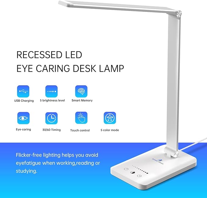 Ambertronix LED Desk Lamp with USB Charging Port, Dimmable Eye-Caring Reading Desk Light for Home, with 5 Brightness Level & 3 Lighting Modes, Touch Control, Auto Timer (White)