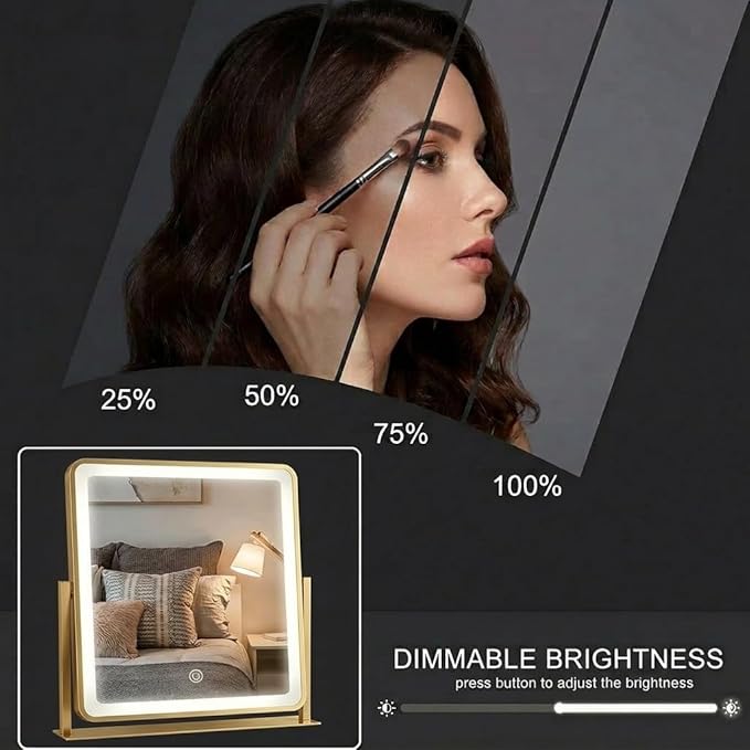 Vanity Mirror with Lights, 12"×14" Makeup Mirror with Lights, LED Makeup Mirror, Brightness Adjustable, Smart Touch with 3 Color Lighting Modes, for Bedroom Tabletop - Gold