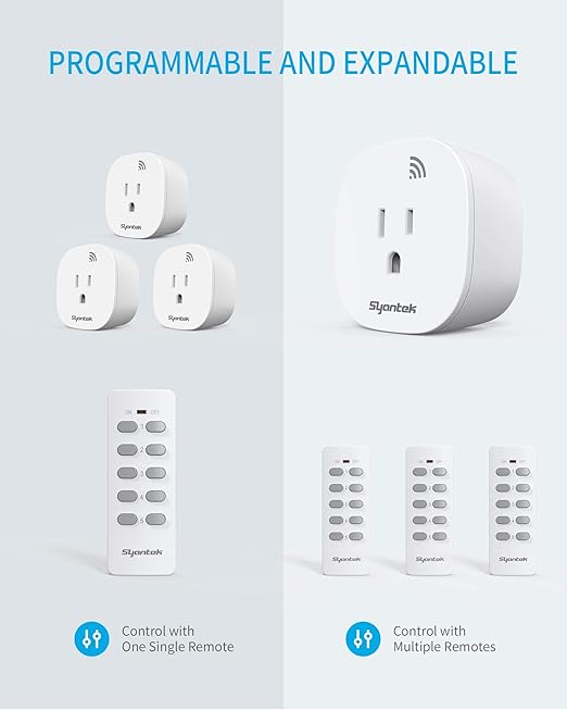 Remote Control Outlet Wireless Light Switch for Household Appliances, Expandable Remote Light Switch Kit, Up to 100 ft Range, FCC Certified, ETL Listed, White (5 Outlets + 2 Remotes)
