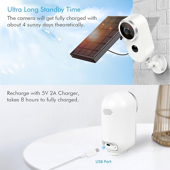 Solar security cameras wireless outdoor, Battery Powered WiFi IP Cameras for Home Security with Night Vision, PIR Motion Detection Alert, 2-way Talk, IP65 Waterproof Live View Dome Surveillance Camera