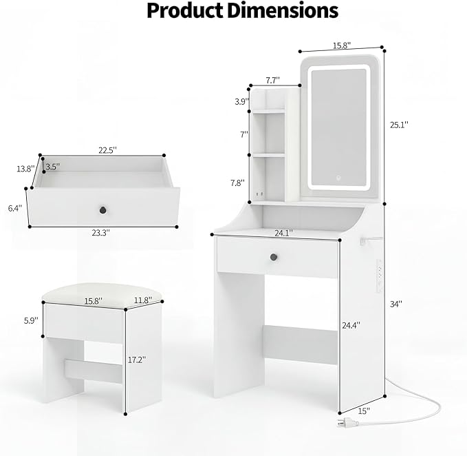 DUMOS Makeup Vanity Desk, Vanity Table Set with Mirror and Lights, Small Vanity with Storage Bench, Charging Station and Hair Dryer Holder, Dressing Table with Drawer and Three Shelves, White