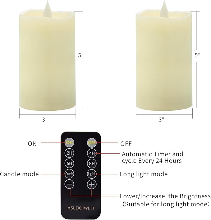 3 x 5 Flameless Candles Set of 2, 2AA Battery Life 600 Hours Battery Candles Flickering with Timer, 5 inch Flameless Candles with Remote for Indoor/Outdoor, Ivory