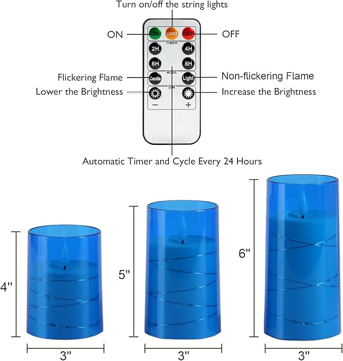 Homemory Flameless Candles with Embedded Star String Fairy Lights, Battery Operated Candles, LED Candle, Fake Candles with Remote Control and Timer, Blue, Set of 3(H 4" 5" 6”)