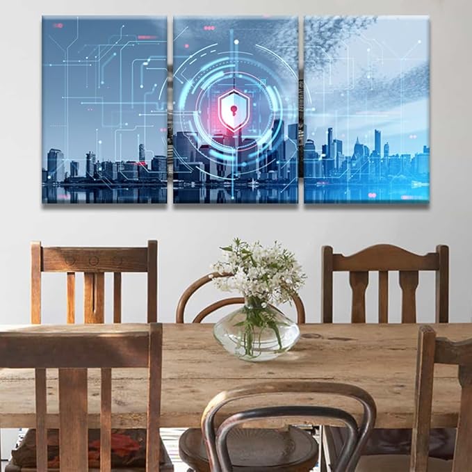 LSIUHWUWI 3 Panel Wall Art Internet Security and Global Protection Poster on Canvas,for Home Office Decoration,Digital Cybersecurity Concept Artwork Stretched Framed Ready to Hang, 16x24inchx3