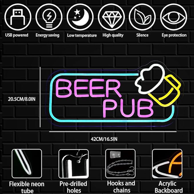 Beer Pub Neon Sign for Wall Decor,Dimmable Bar Neon Light,USB Powered Beer Led Light Up Sign for Man Cave,Home Bar,Store,Cafe,Pub,Club Party