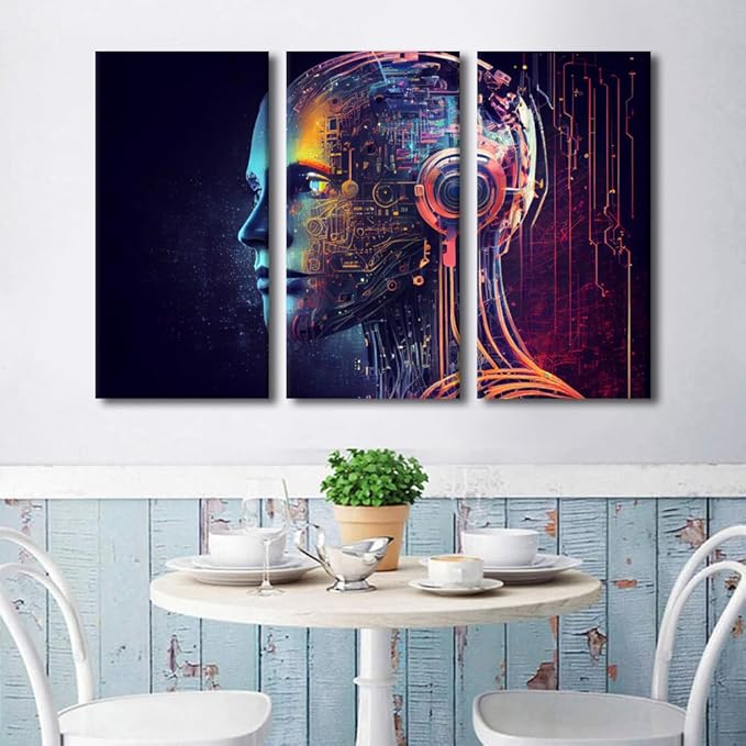 TUMOVO Artificial Intelligence Wall Art 3 Piece Futuristic Technology Canvas Printing Posters AI Artwork, Humanoid Robot Wall Decoration for Bedroom Living Room, Ready to Hang, 60" Wx40 H