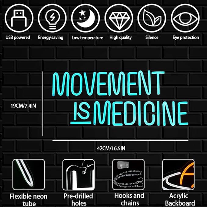 Movement Is Medicine Neon Sign for Wall Decor, Dimmable Gym Neon light, USB Powered Gym LED Light Up Sign for Sports Room, Party Bar,Fitness Club,Gym Wall Decor