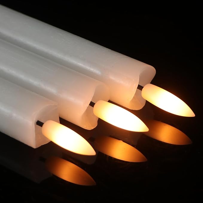 GenSwin Flameless White Taper Candles Flickering with 10-Key Remote, Battery Operated Led Warm 3D Wick Light Window Candles Real Wax Pack of 3, Christmas Home Wedding Decor(0.78 X 9.64 Inch)