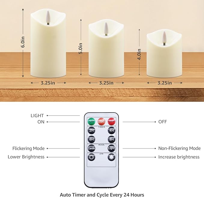 uuffoo Flameless Candles with Timer 3Pc Battery Operated Flickering Pillar Candle w/Remote, 3D Wick Acrylic LED Pillar Candles for Halloween Christmas Home Decoration (Ivory)