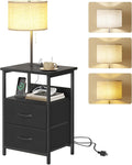 Fixwal Bedside Table with 3 Color Temperature Reading Light, Nightstand with LED Light & Charging Station End Table with Adjustable Fabric Drawer for Bedroom, Dorm, Black