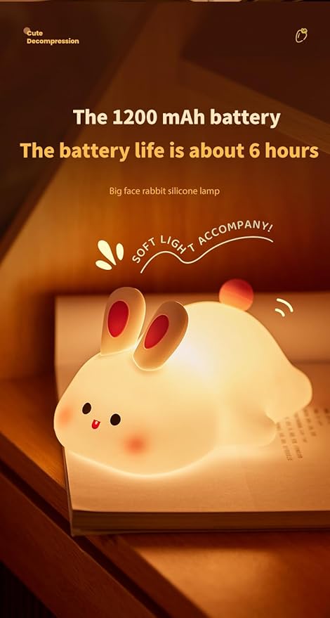 Bunny Night Light for Kids,Tap Dimmable,Rechargeable Portable and Squishy Silicone Led Nightlight,Kawaii Gift, Timing Bedside Lamp,Nursery,Toddler,Breastfeeding,Kids Room Decor,Birthday