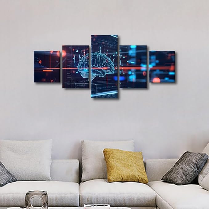 5 Panel Futuristic Technology Canvas Wall Art for Bedroom Framed Artwork for Walls Human Brain Paintings Canvas Wall Art Framed Artificial Intelligence Decor for Living Room House Decoration 50"Wx24"H