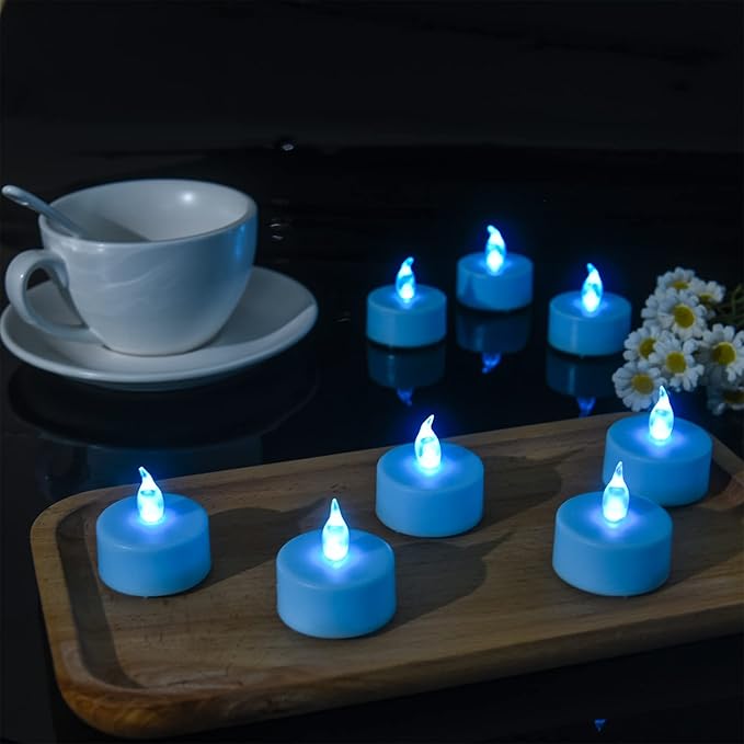 Battery Operated Tea Lights Candles-LED Flameless Flickering Votive Electric Candle lamp Long Lasting 200 Hours,24 Pack Realistic and Bright for Seasonal Festive Celebrations Decoration (Blue)