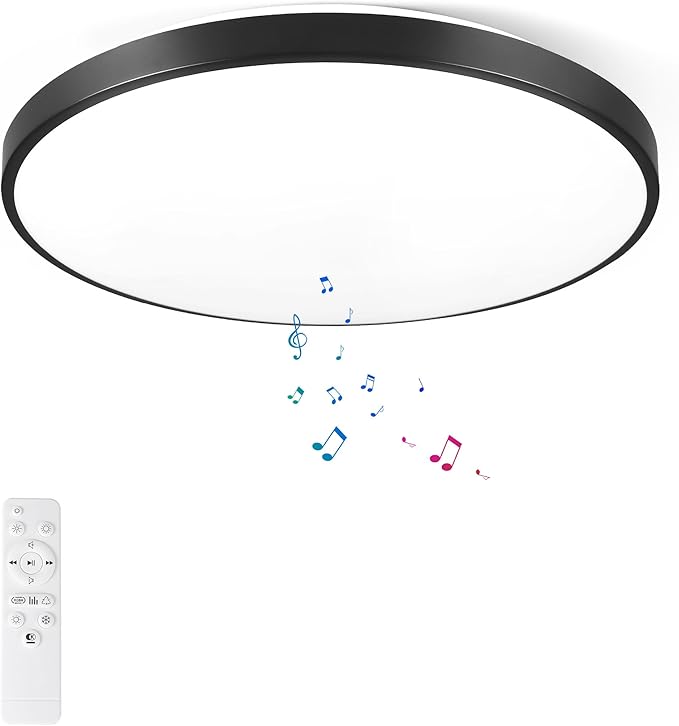 HOREVO 16inch 36W LED Ceiling Lamp Black Flush Mount Ceiling Light Fixture with Bluetooth Speaker with Remote Control, RGB Color Changing,for Living Room, Dining Room, Bedroom, Office