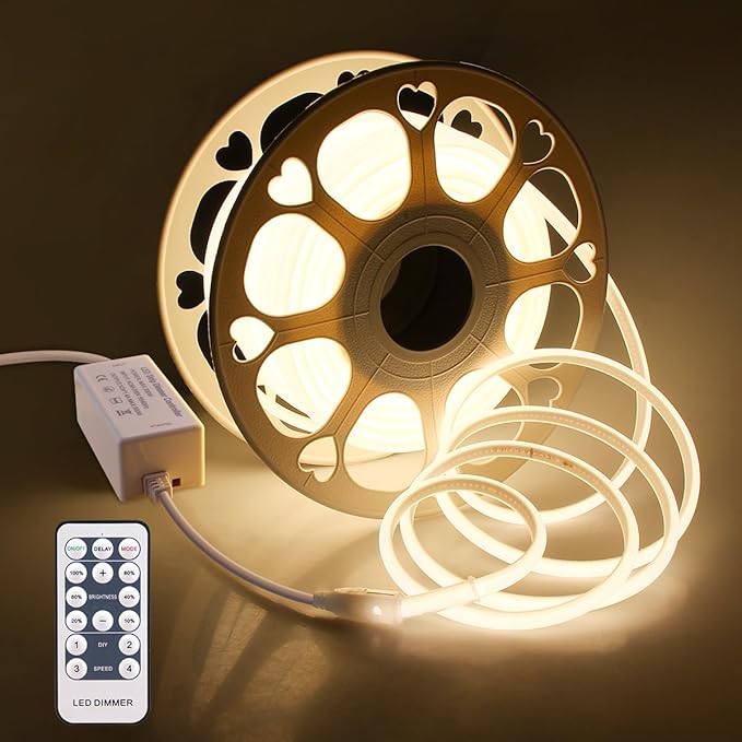 Aclorol 100FT Outdoor COB LED Strip Lights Waterproof Warm White 1 Roll AC 110V-120V Flexible Dimmable LED Lights Strip with Remote High Density COB LED Rope Light for Garden Commercial Building 3000K