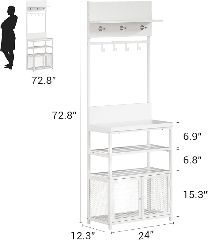 IDEALHOUSE Hall Tree with Doors White 72.8in Coat Rack Shoe Storage Narrow Coat Tree Shoe Shelf Organizer with 7 Hooks for Entryway Bedroom and Mudroom