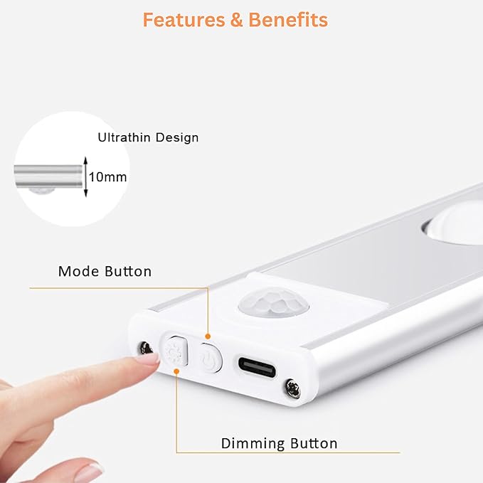 15" LED Cabinet Light with Motion & Light Sensor, Pack of 2 Rechargeable Under Cabinet Lighting, 3 Color Modes 3000K/4500K/6000K, 80 LEDs, 180LM, USB, 2200mAh Battery, Wireless Closet Light