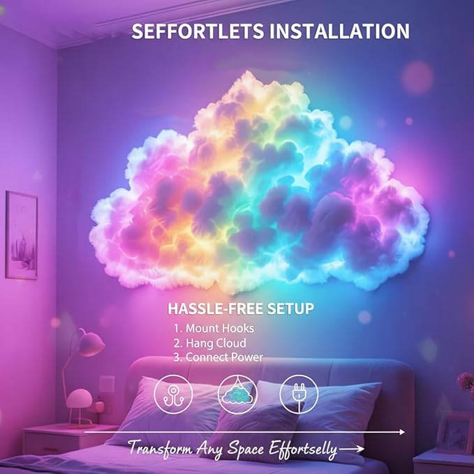 DIY USB-Powered Thundercloud LED Light Decor, 3D Cloud Ambient Light Kit, LED Cloud Lamp with Music Rhythm & Multicolor Color-Changing USB LED Strip, Cool Things for Your Room (LED200cm)
