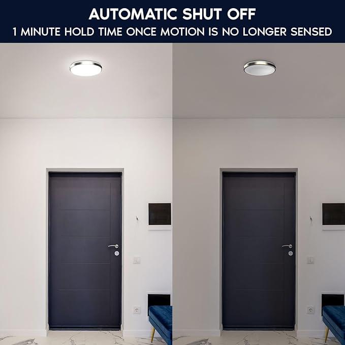 LUXRITE Motion Sensor LED Flush Mount Ceiling Light, 11 Inch, 5CCT Selectable 2700K 3000K 3500K 4000K 5000K, 60s Timeout, 16W, 1200LM, Brushed Nickel, Damp Rated, ETL Listed - Indoor and Outdoor