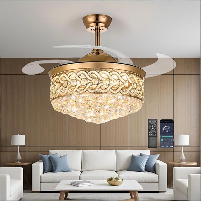 Crystal Fandelier Ceiling Fan with Light and Remote Dimmable 500-6500K Retractable Blades Chandelier Ceiling Fan with Memory Function Modern Ceiling Fans with Lights for Bedroom 42 Inch Gold