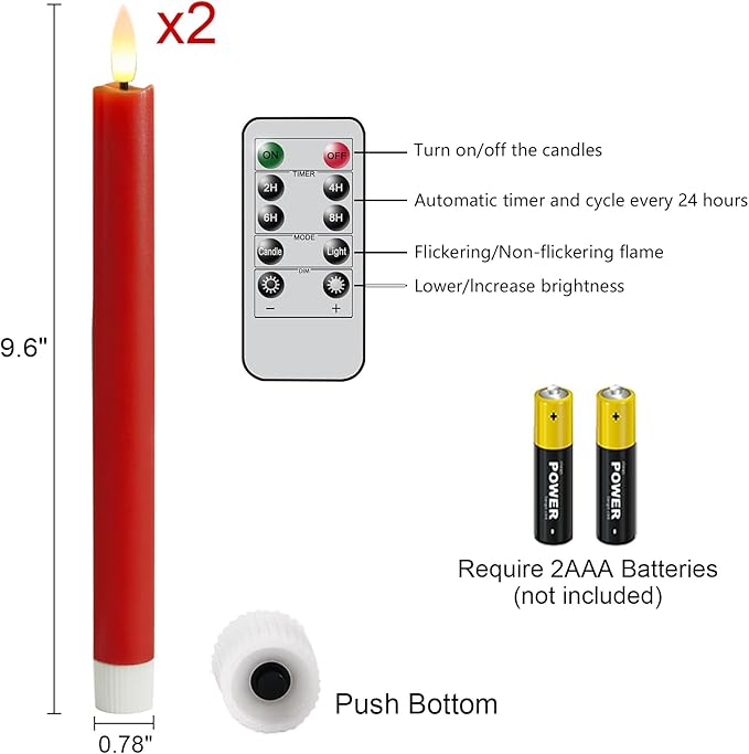 GenSwin Flameless Taper Candles with 10-Key Remote Timer, Set of 2 Red Real Wax LED Taper Candles Battery Operated, Flameless Candlesticks with 3D Wick for Halloween Christmas Decor(0.78” x 9.6”)