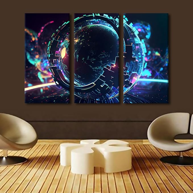TUMOVO 3 Piece Canvas Wall Art Cyber Space 3D Posters Digital World Canvas Prints Art for Living Room Bedroom Decoration, Artificial Intelligence Artwork Giclee Framed Ready to Hang, 60" Wx40 H