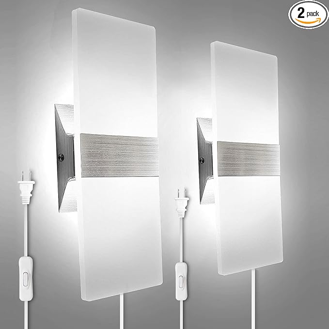 KICAAO Wall Sconces Set of Two, Modern Wall Sconce Plug in 10W 6000K Cool White Acrylic Wall Lights with 6FT/180cm Plug in Cord and On/Off Switch on The Cord