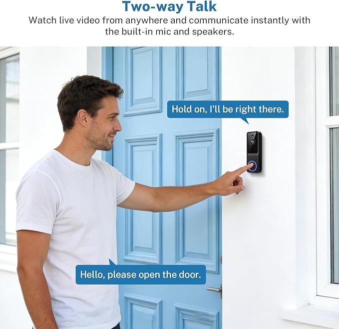 1080P Wireless Home Security Doorbell Camera with Receiver，AI Human Detection，Real-Time Alerts，2-Way Audio，Battery Powered，Night Vision，Cloud Storage, 2.4Ghz Wi-Fi