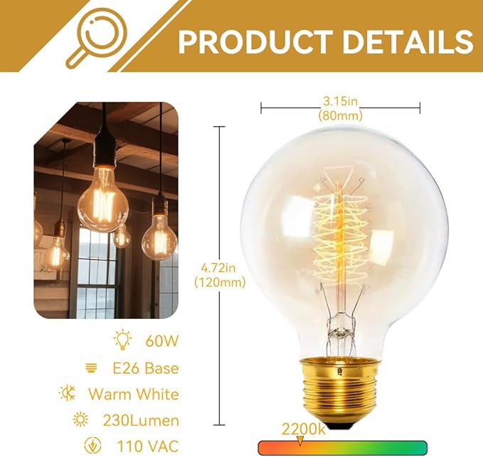 Jslinter Incandescent Light Bulbs 60 Watt Dimmable Bulbs 4 Pack, 2200K G80 Soft Light Bulbs Warm Light, 110v E26 Eecorative Light Bulb, Vintage 230LM Edison Bulb for Bedrooms, Living Rooms Clear glass