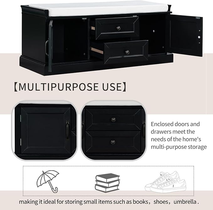 Merax Rustic Wood Shoe Storage Bench with 2 Drawers and 2 Cabinets for Entryway Hallway Front Door Black