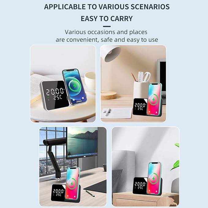 IHAO Multifunctional Alarm Clock with Wireless Charging for Phone 15W Fast Charger Large LED Display Temperature Phone Bracket for Bedside & Desk-W5 White