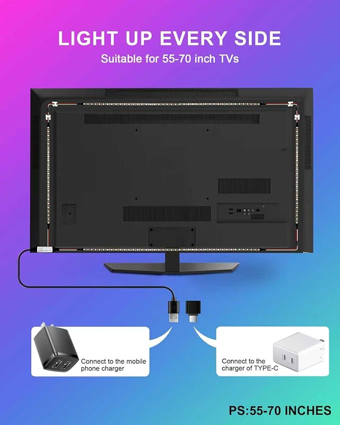 TV LED Backlight, 4 Pre-Cut 1.64ft/6.56ft Short LED Light Strip for Shelves, Remote and APP Control, USB-A/C RGB Color Changing Gaming Lights with DIY Mode and Music Mode, 96 LEDs
