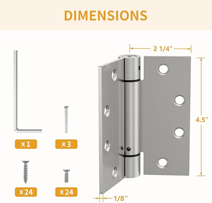 3 Pack Self Closing Door Hinges, 4.5" x 4.5" Spring Loaded Hinges with Square Corners, Adjustable Tension for Garage, Front Door, Back Door, for Left and Right Hand Door, UL Listed