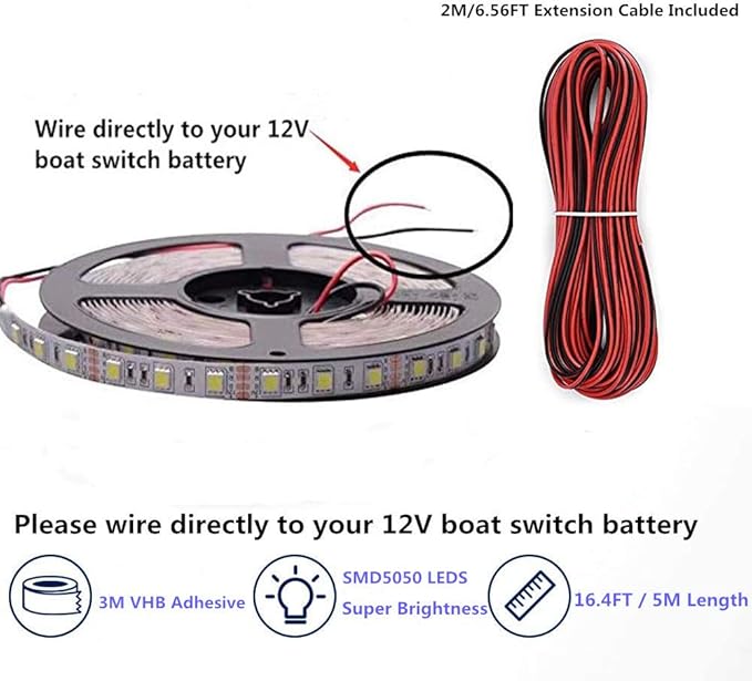 Pontoon LED Strip Lights, 12V 5M/16.4FT Waterproof Marine LED Light Boat Interior Lights, Boat Deck Light for Night Fishing, Ideal for Pontoon and Fishing Boat, Extension Cable Included (Red)