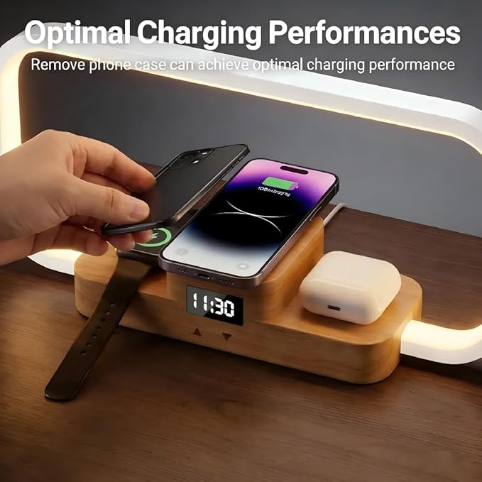 LED Bedside Lamp with Wireless Charger, 3-in-1 Touch Control Table Lamp with Clock, Dimmable Nightstand Lamp with 5 Color Modes, Modern Bedroom Desk Lamp, Gift for Women & Men,Wooden,Adapter Included