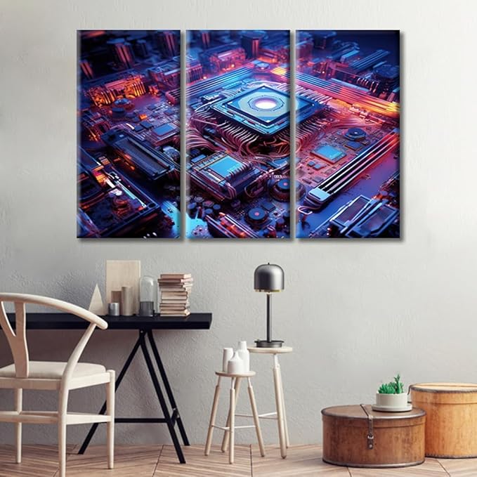 Motherboard Digital Chip Canvas Wall Art Paintings for Wall Decorations CPU Concept Pictures Artwork Wall Art for Living Room 3 Pieces Art Prints Framed Ready to Hang (42"Wx28"H)