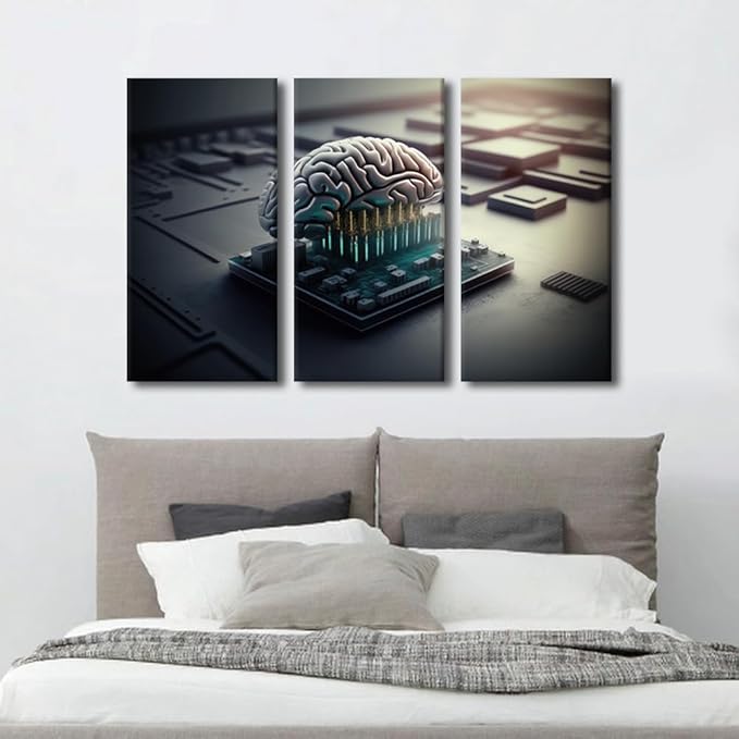 3 Pieces AI Canvas Wall Art Human Cyborg Brain bBeing Used with Computer Chip Pictures Print On Canvas for Living Room Bedroom Wall Decoration, Stretched Framed, 42" Wx28 H
