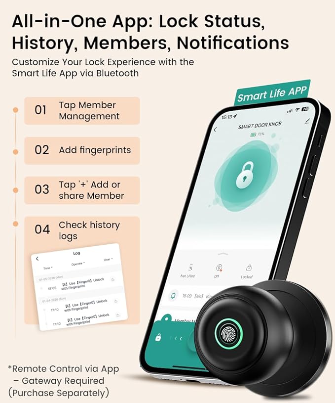 Fingerprint Door Lock, Smart Fingerprint Door Knob with Lock, Biometric Door Locks with App Control & Key, Keyless Thumbprint Entry Door Locks for Bedroom, Front Door, Apartment-Polished Black