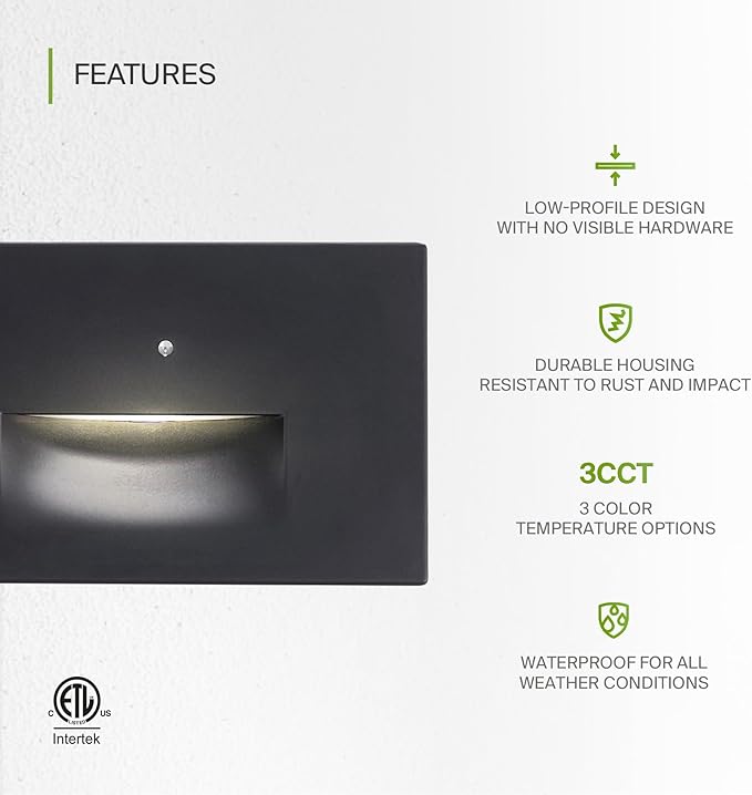 ASD LED Recessed Step Light Fixture, Dusk to Dawn Outdoor Stair Tread Lighting | 3CCT, Photocell, Waterproof, ETL Listed | 3W 120LM 3000K-5000K 120V | Staircase Hardwired Illumination | Black